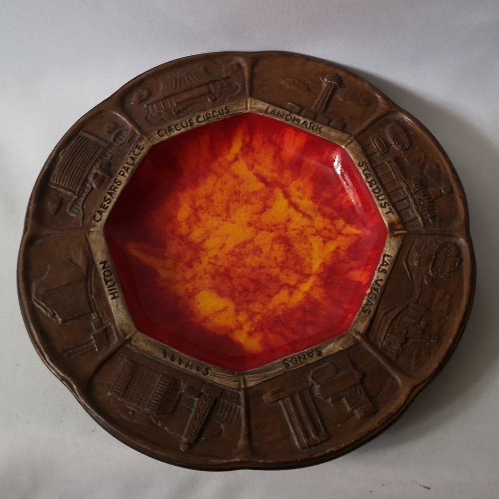 Vintage Treasure Craft Pottery USA Las Vegas Ashtray/Trinket, Red Orange Glaze